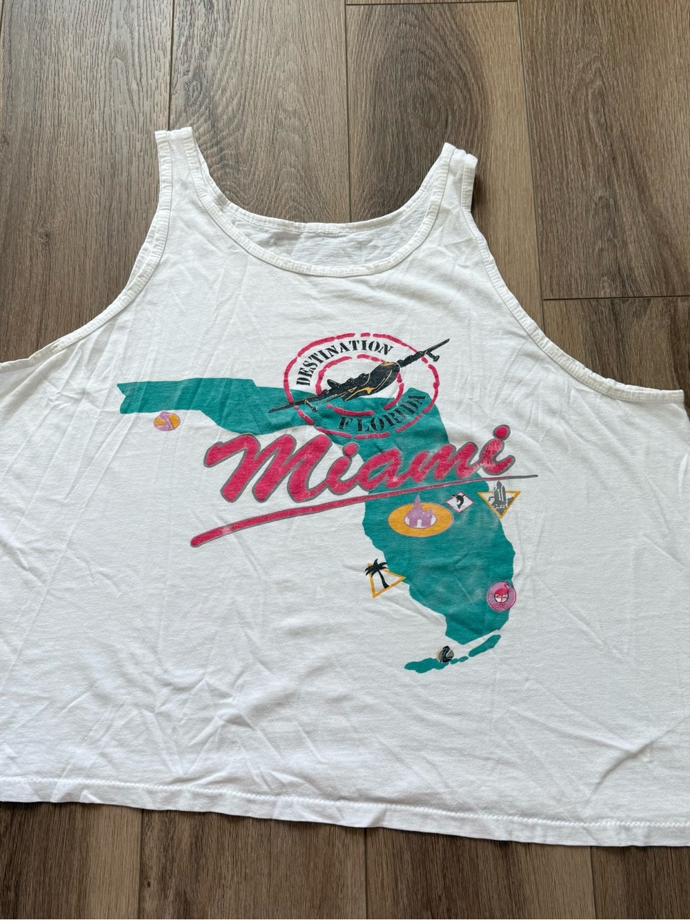 Vintage retro Miami Graphic Tank Top - White with Teal & Pink Print best for med